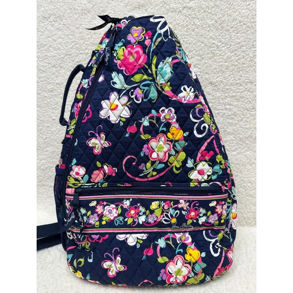 Vera Bradley Sling Tennis Backpack Navy Quilted Cotton Everyday Bag